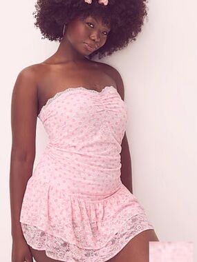 LoveShackFancy Strapless Lace Chemise in Pink and White